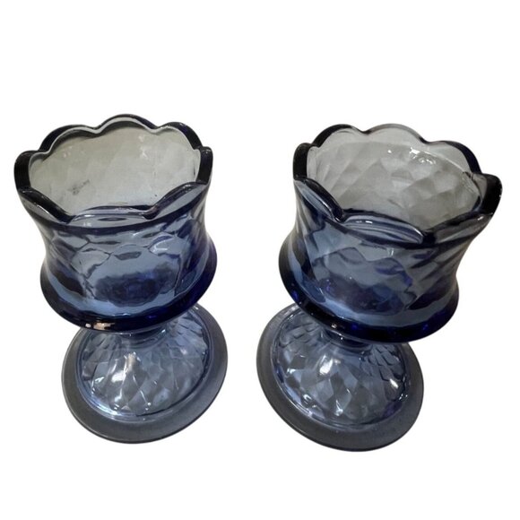 Vtg 2 Fenton Blue Pedestal Glass Candle Holders Diamond Optic Scalloped Rim - Picture 4 of 12
